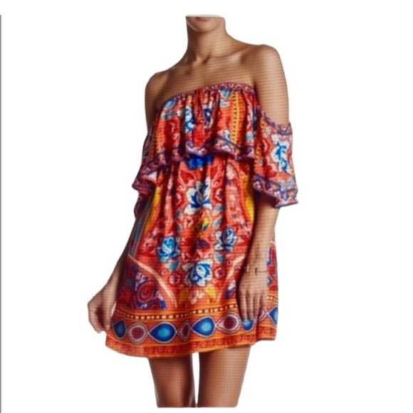 Flying Tomato Women’s Size L Off Shoulder Vibrant Colorful Short Boho Sundress - Picture 1 of 9